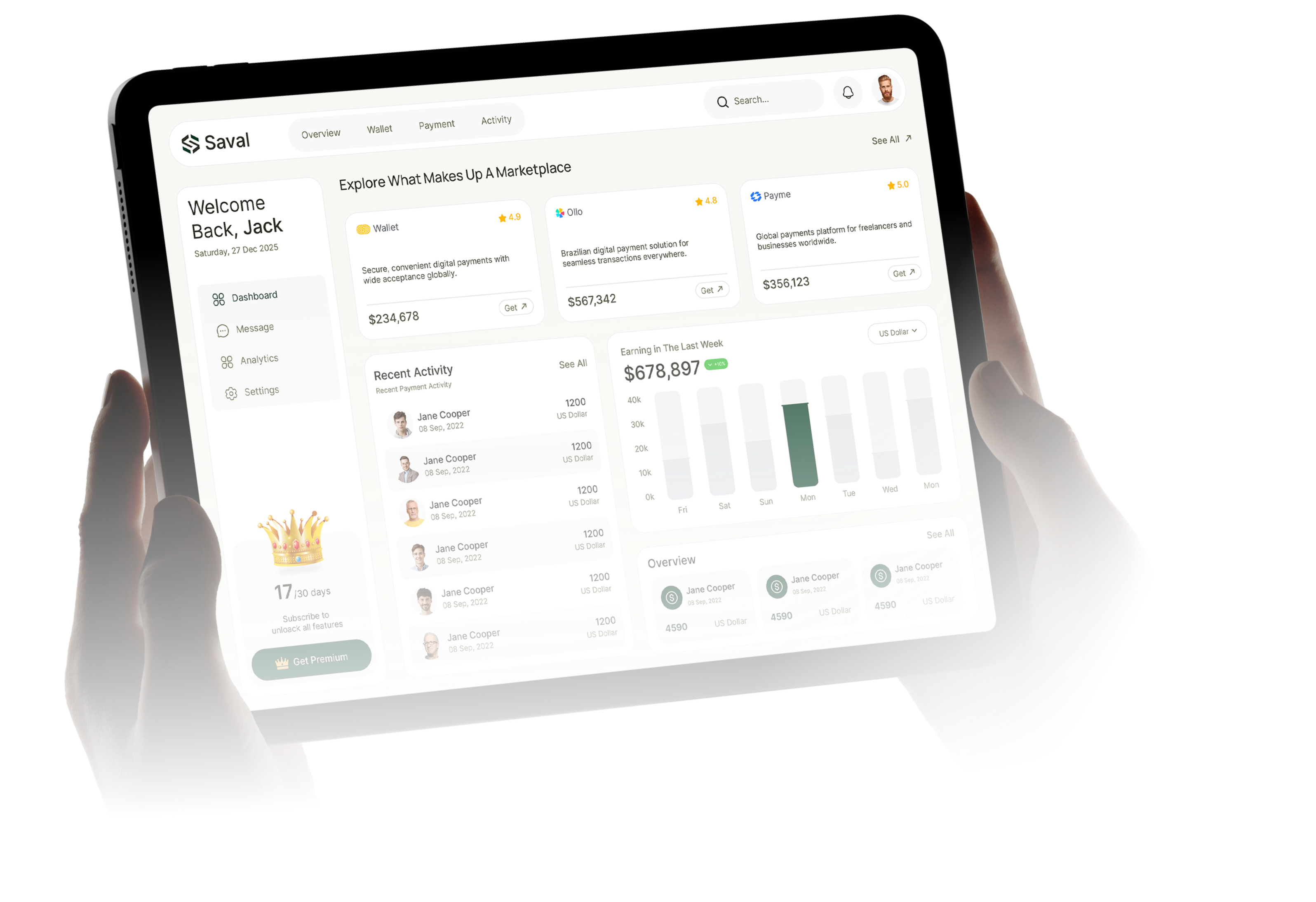 Tablet showing a digital marketplace dashboard with sections for wallet ratings, recent activities, earnings graph, and user overview.