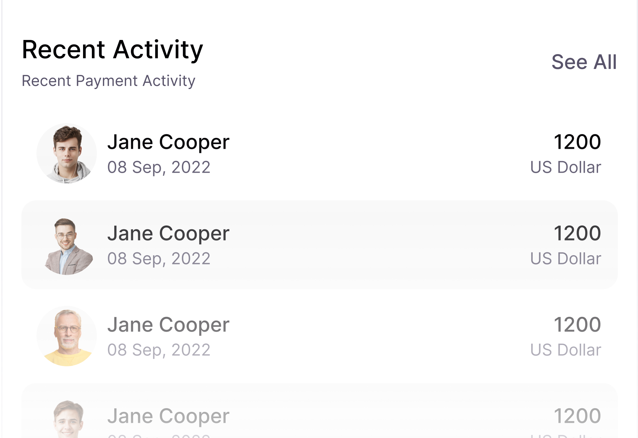 Recent Activity section showing four payments of 1200 US Dollars each by Jane Cooper on 08 Sep, 2022, with profile pictures of four different men.
