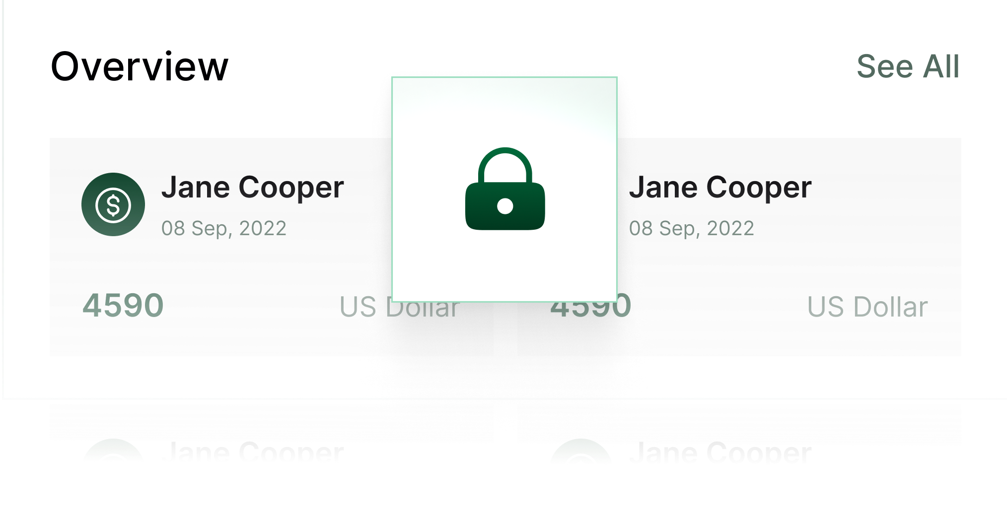 Overview section listing financial entries for Jane Cooper dated 08 Sep, 2022 with amounts in US Dollar, and a central purple lock icon.