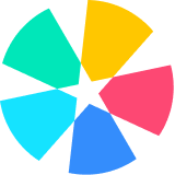 Colorful circular graphic with five segmented triangles in yellow, pink, blue, cyan, and teal arranged around a black star center.