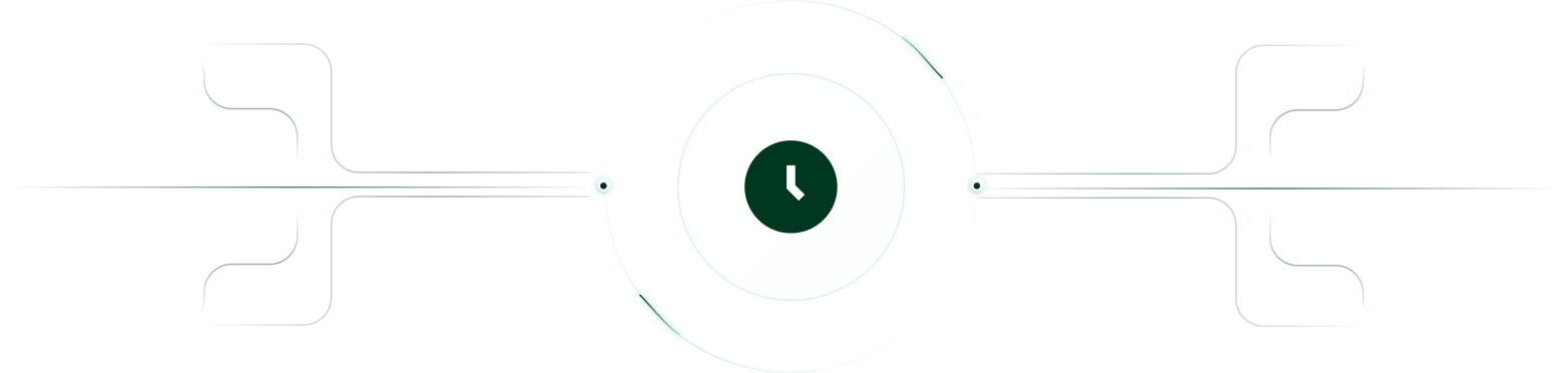 Diagram with a central clock icon connected by lines to four curved paths branching out on each side.