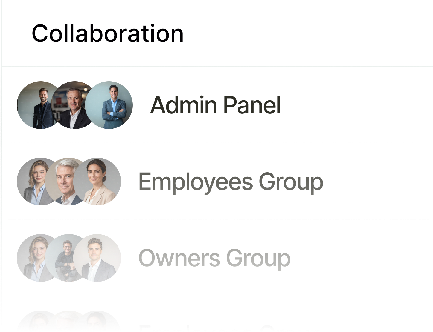 Collaboration section listing groups with circular profile photos: Admin Panel with three men, Employees Group with two women and one man, and Owners Group with two men and one woman.